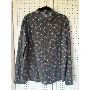 Women's XL Design Fashion Button Down Floral Shirt Cotton Linen Gray Rust